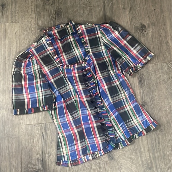 Vintage 1940’s/1950’s Black Plaid Tartan Taffetta Blouse with Ruffles & Buttons - Picture 5 of 14